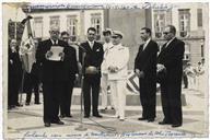 Inauguração da Estátua de Álvaro Martins Homem na Praça da Restauração pelas Comemorações Henriquinas - Francisco Valadão (discursando em nome do Instituto Histórico da Ilha Terceira), Teotónio Pires, Contra Almirante Quintanilha de Mendonça Dias