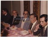 Retrato no Almoço de Homenagem dos Antigos Alunos do Liceu de Angra do Heroísmo ao seu antigo Reitor Joaquim Moniz de Sá Corte-Real e Amaral, realizado na Cantina dos Serviços Sociais da Ladeira de São Francisco - Guilherme Carvalho ? Dr. Mendes Pereira ?