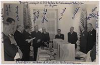 Inauguração do III Salão de Educação Estética dos Açores - Rocha Alves, Eliseu Pato François, Cândido Forjaz, Francisco Valadão, Padre José de Ávila, Silvério Jonatas, Humberto Pais (BA4), José Forjaz de Lacerda (Vice Reitor do Liceu), Maduro Dias, Visconde das Mercês, Bretão - Exposição dos trabalhos dos alunos. 